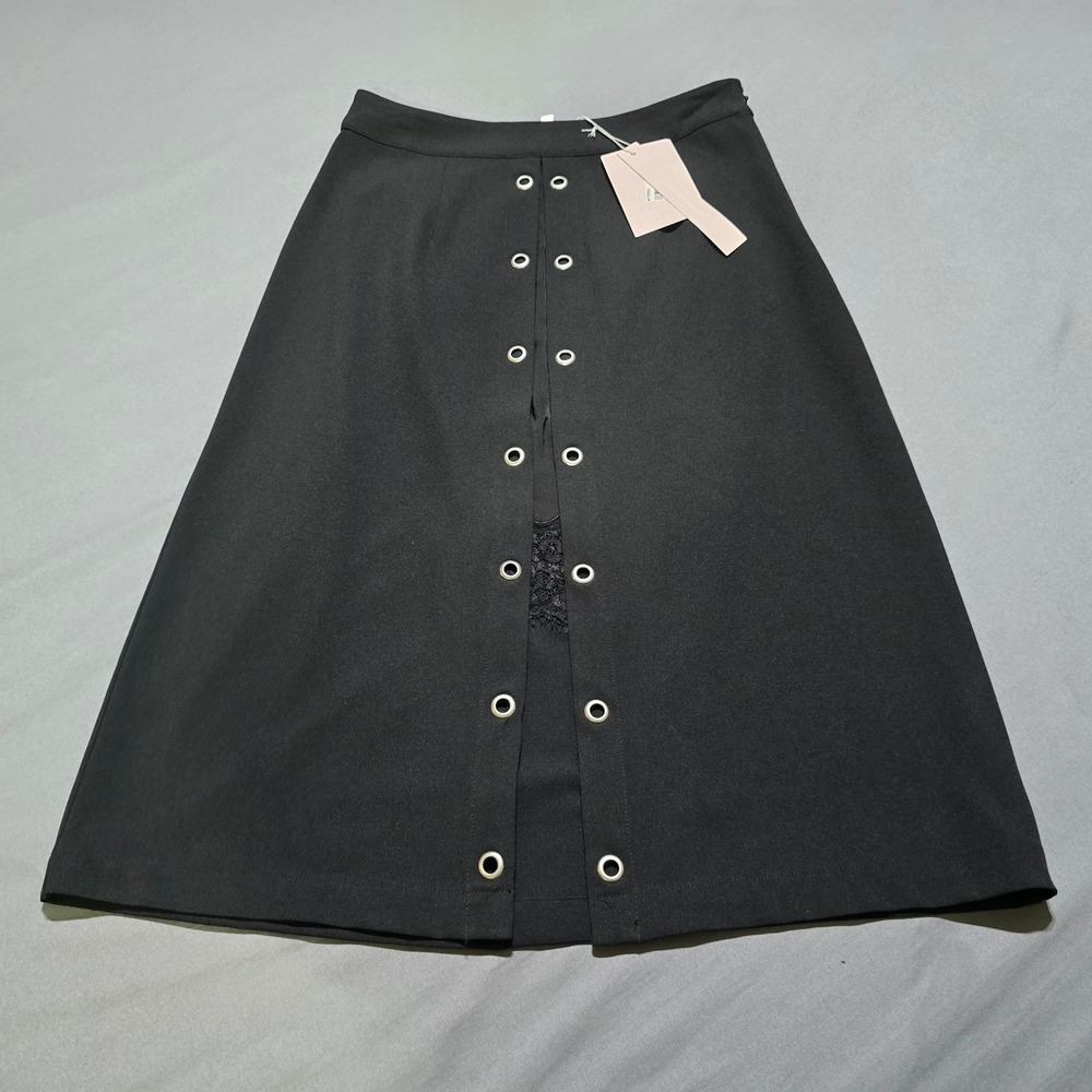 new Avec Les Filles Skirt Women 0 Black Grommet Lace Slit Midi MWC60038-001-0717